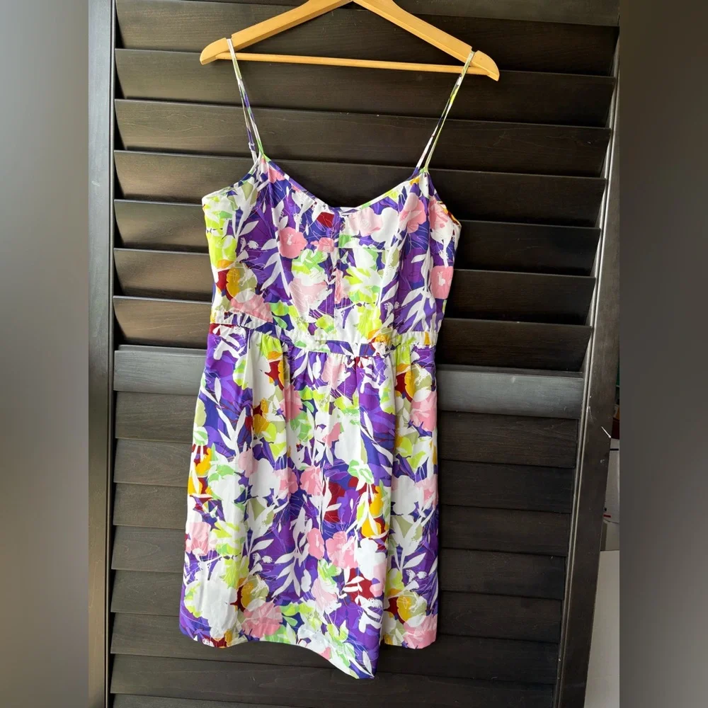 J Crew Dress Women's 12 Purple Floral Spaghetti Straps Tropical Pockets